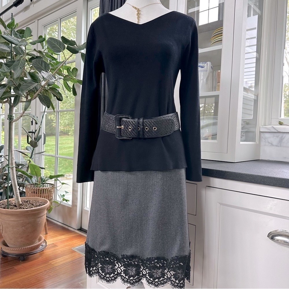 Gerard Darrel grey wool blend skirt with black lace trim.